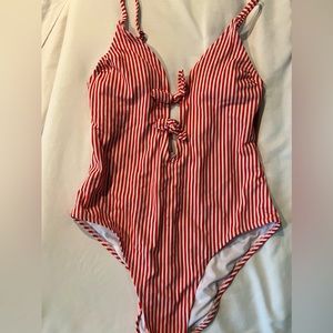 Red & white striped one piece swimsuit with bow detail